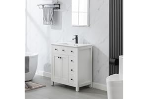 LUCKWIND 30" Bathroom Vanity and Sink Combos, Modern Bathroom Storage Cabinet with Ceramic Sink, Faucet, 2 Doors & 3 Drawers, Mirror is NOT Included, White