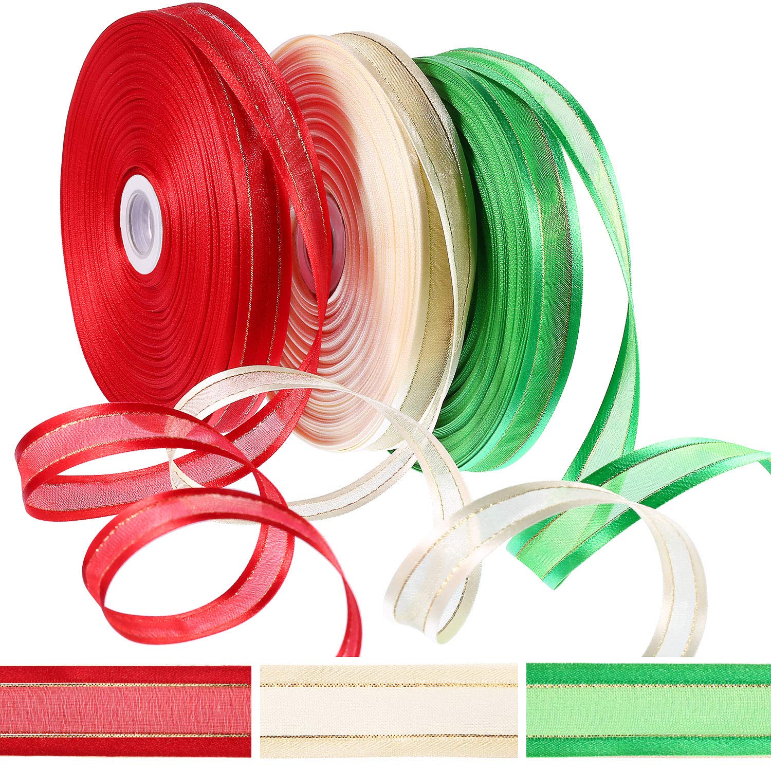 150 Yards Christmas Satin Edge Organza Ribbon Gift Ribbons with Gold Glitter Edges Wrapping Christmas Decoration (Red, Green and Ivory, Each Color 50 Yards)