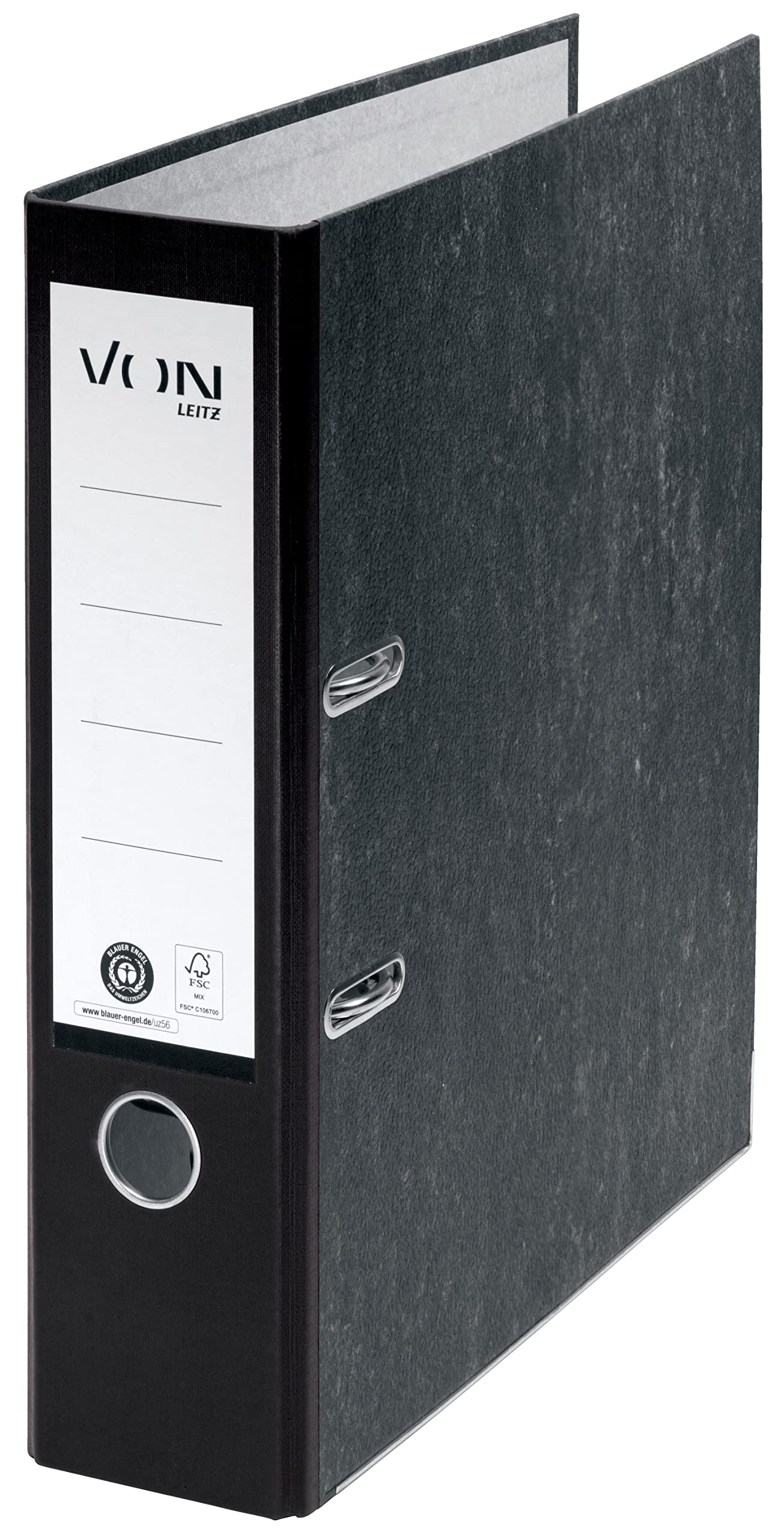 VON Leitz 10530095 Folder A4, 100% Recycled Paper, 80 mm Spine Width, for 600 Sheets, Blue Angel & FSC Certified, for School, Study & Home, Black, 10530095