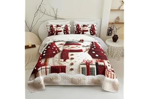 QOOMO Cute Snowman Kids Quilt Set,Christmas Tree Print Bedding Set for Boys Girls Room Decoration,White Bed Set Microfiber Lightweight All Season King Size,1 Quilt Set 2 Pillowcases