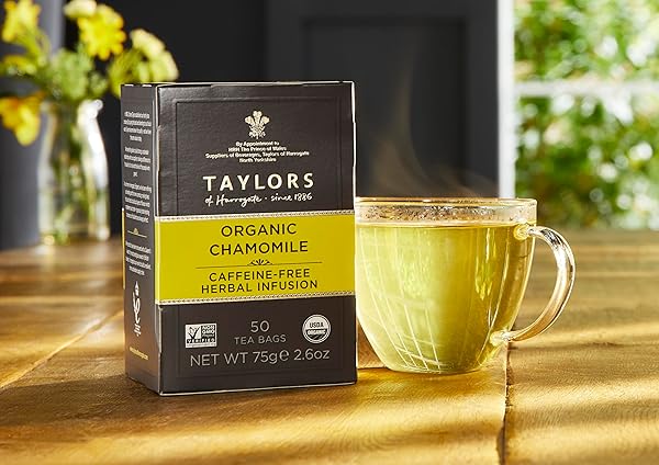 TAYLORS OF HARROGATE ORGANIC CHAMOMILE, HERBAL TEA, PILLOW BAGS, 50 COUNT (PACK OF 1), MELLOW, SILKY & SOFT, CAFFEINE-FREE, ENJOY HOT OR ICED, 50 TEABAGS