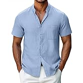 Ficerd Men's Linen Shirts, Short Sleeve Casual Beach Shirts Button Down Band Collar Comfortable Summer Tees M-6XL