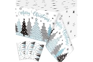 Ganeen 3 Pcs Christmas Tablecloth Disposable Plastic Merry Christmas Trees Table Cloth Snowflakes Star Buffalo Plaid Blue Rectangle Table Cover Waterproof for Xmas Winter Party Decor, 54 x 108 Inch