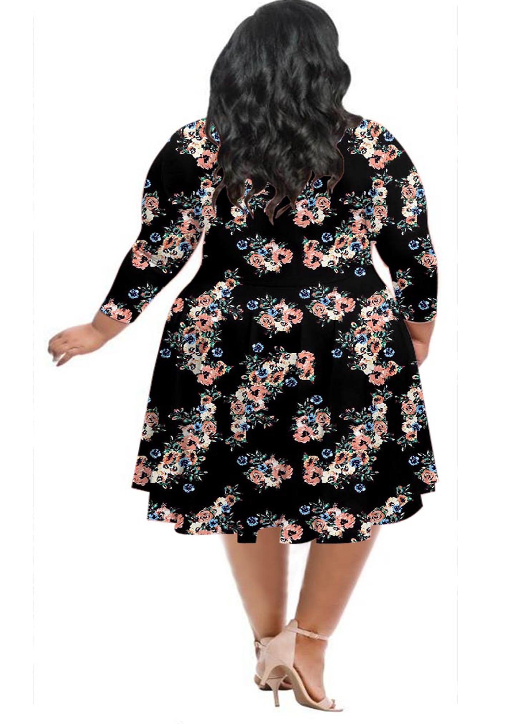 WFTBDREAM Knee Length Floral Printed Black Plus Size Dresses for Women Party 4XL