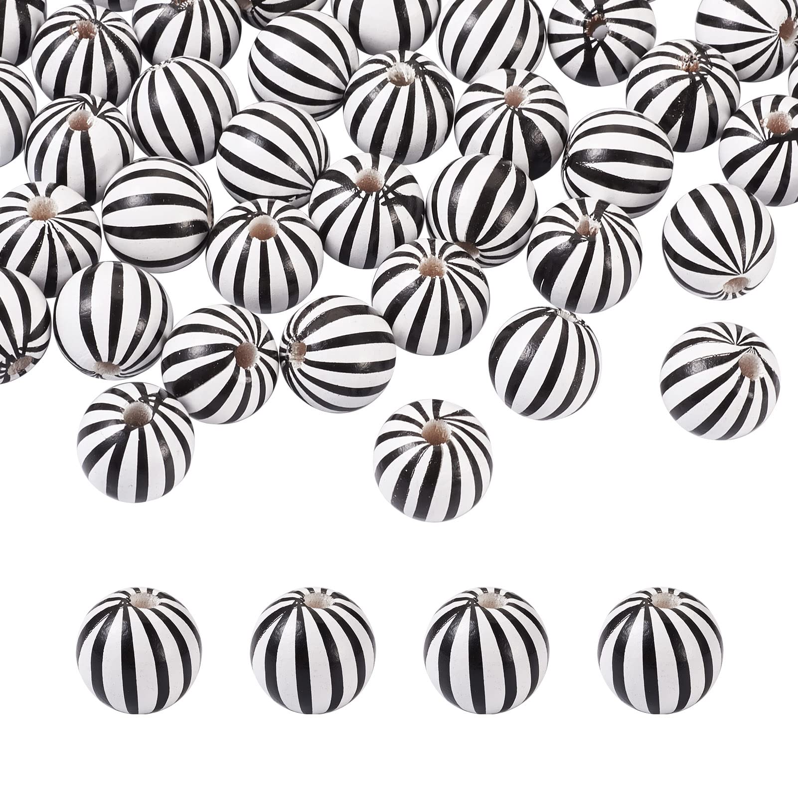 PH PandaHall 50pcs Farmhouse Wooden Beads, 16mm, Round, White & Black Stripe, DIY Craft Beads for Garlands & Jewelry
