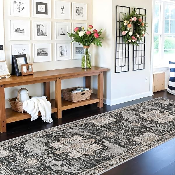 RUUGME HALLWAY 3X10 RUNNER RUG – WASHABLE RUGS WITH NON SLIP BACKING ULTRA THIN STAIN RESISTANT CARPET FOR KITCHEN LIVING ROOM BEDROOM VINTAGE TRIBAL RUGS FOR FLOOR DECORATION MAT 3X10 BLACK