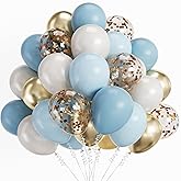 12 Inch 60pcs Dusty Blue Balloons White Sand Metallic Gold Confetti Party Balloons Light Baby Blue White Gold Latex Balloon for Boy Baby Shower Birthday Wedding Party Decoration