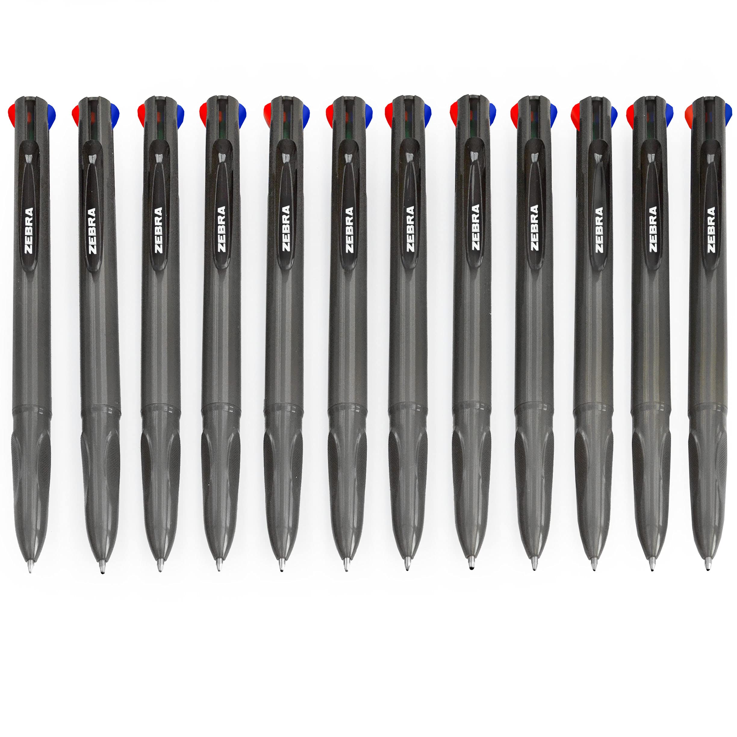 Zebra Z-Grip Elegance 4 in 1 Colours Retractable Ballpoint Pen - 1.0mm - Grey Barrel - Black, Blue, Red, Green - Pack of 12