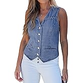 luvamia Denim Vest Women Trendy Button Down Braided Adjustable Waist Western Casual Sleeveless Jean Waistcoat Vests Top