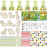 Pasimy 162 Pcs Safari Party Favors Jungle Craft Kits Party Supplies Jungle Animals Wooden Painting Kit Watercolor Cards Wooden Cutouts Goodie Bag for Wild Theme Birthday DIY Project Activities(Safari)