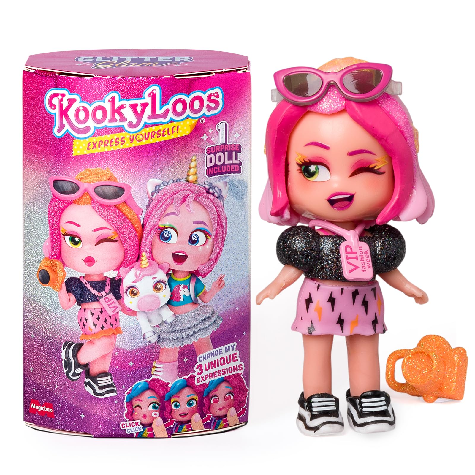 KOOKYLOOS Glitter Glam series – surprise collectible doll with 3 different faces. Comes with fashion accessories, clothing, shoes and toys