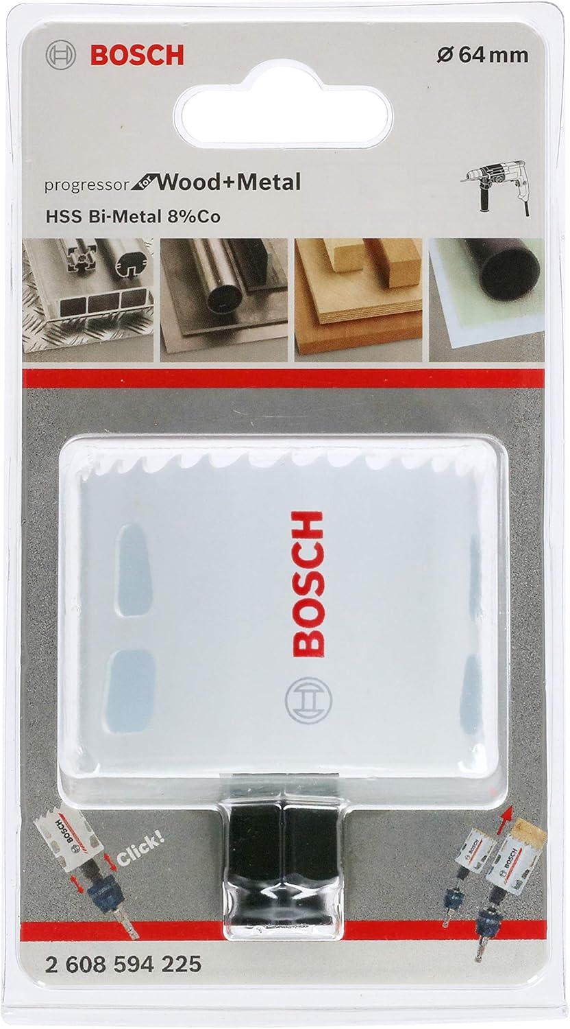 BOSCH Bi-Metal Hole Saw (for Wood and Metals 8% Cobalt Alloy, Progressive Tooth Design, diameter 64 mm, Accessory Drills)
