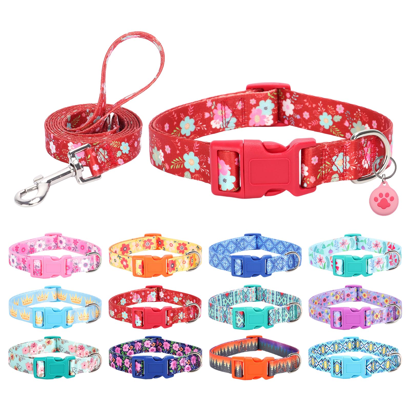 SLZZ Dog Collar with lead Airtag Holder Case Set - Dog Collars for Male Female Boy Girl Puppy X-small Small Medium Large Dogs Walking Running Training - Red Daisy/S
