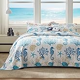 LEAONME Coastal Quilt Set King Size - Lightweight Microfiber Reversible Bedspread, 98''x106'', Sky Blue, Includes 2 Shams