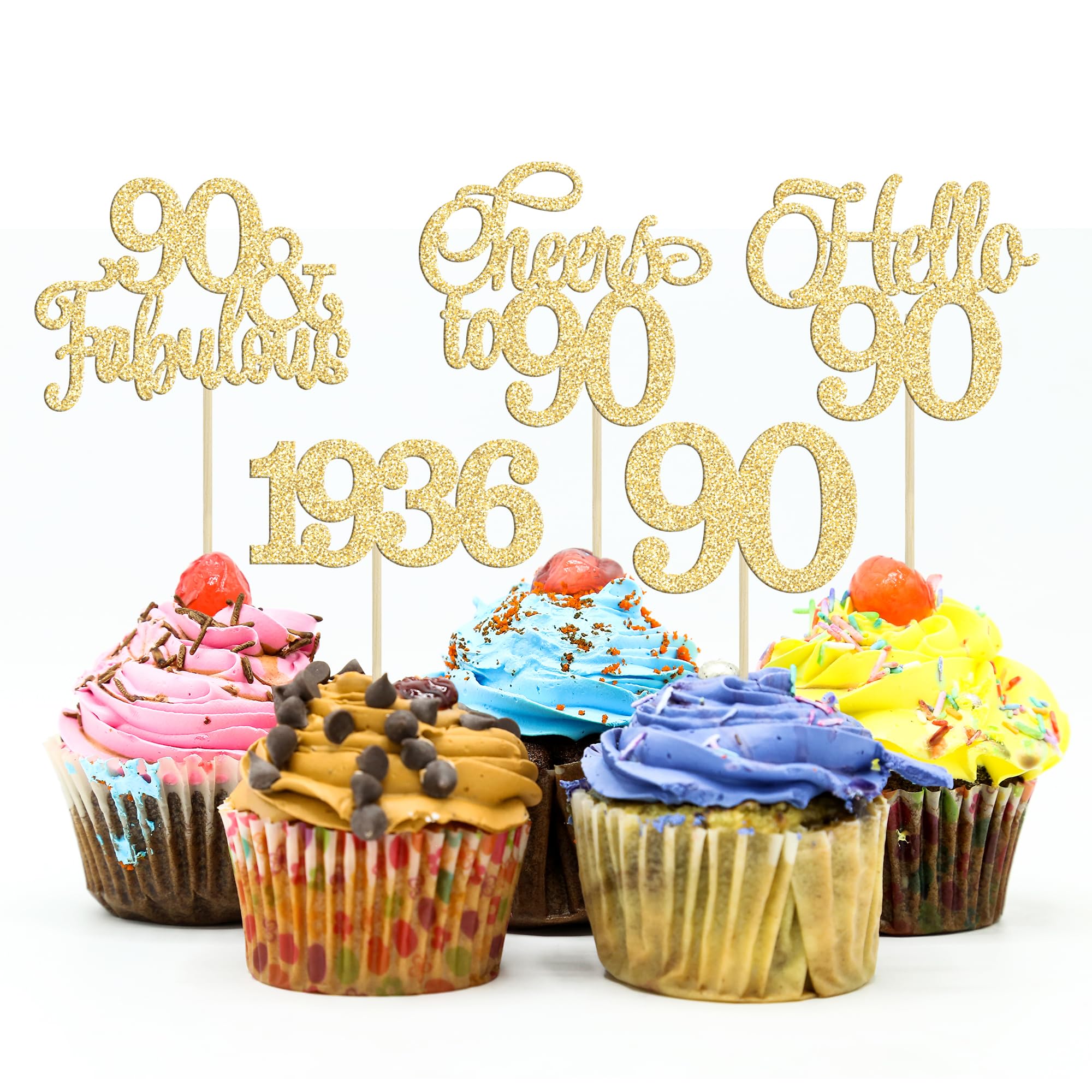 Gyufise 30Pcs 90th Birthday Cupcake Toppers 90 Fabulous Cupcake Picks Cheers to 90 1936 Cake Decorations for Happy 90th Birthday Wedding Anniversary Party Decoration Supplies Gold — image 1