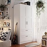 Fenghua Lizhi Wood White Wardrobe Closet with 2 Doors and 2 Drawers，Bedroom Freestanding Armoire Storage Cabinet with Shelves，Wooden Wardrobe Combination for Hanging Clothes (White 2 Drawers)