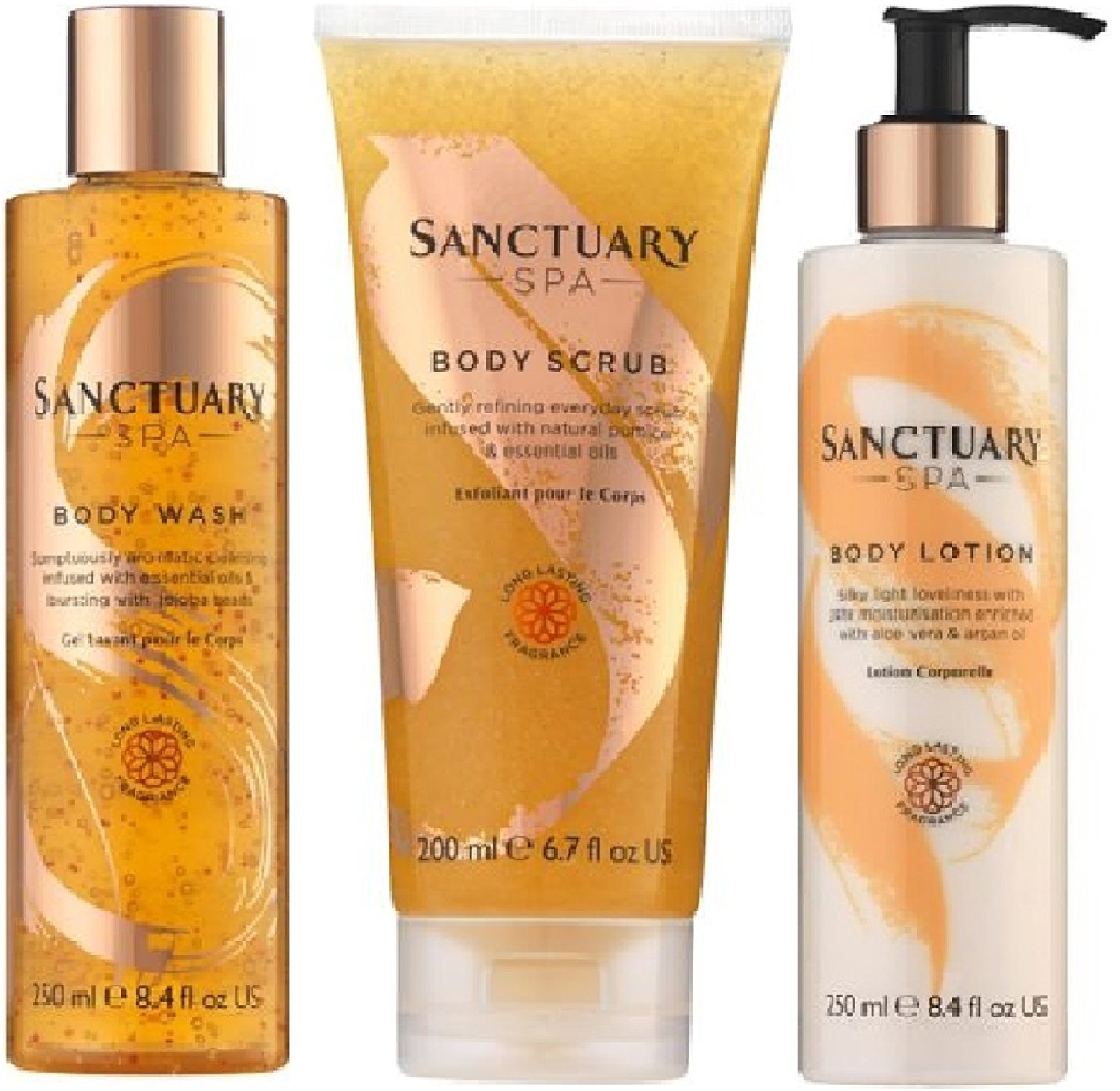(3 PACK) Sanctuary Spa Body Wash 250ml, Sanctuary Spa Body Scrub 200ml & Sanctuary Spa Body Lotion 250ml