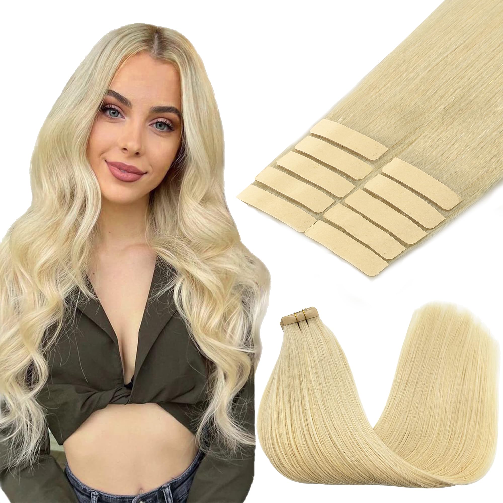 GOO GOO Tape in Hair Extensions human hair, tape Hair Extensions, 24inch 30g 10pcs, Human Hair Extensions, 613R1 Bleach Blonde — image 1