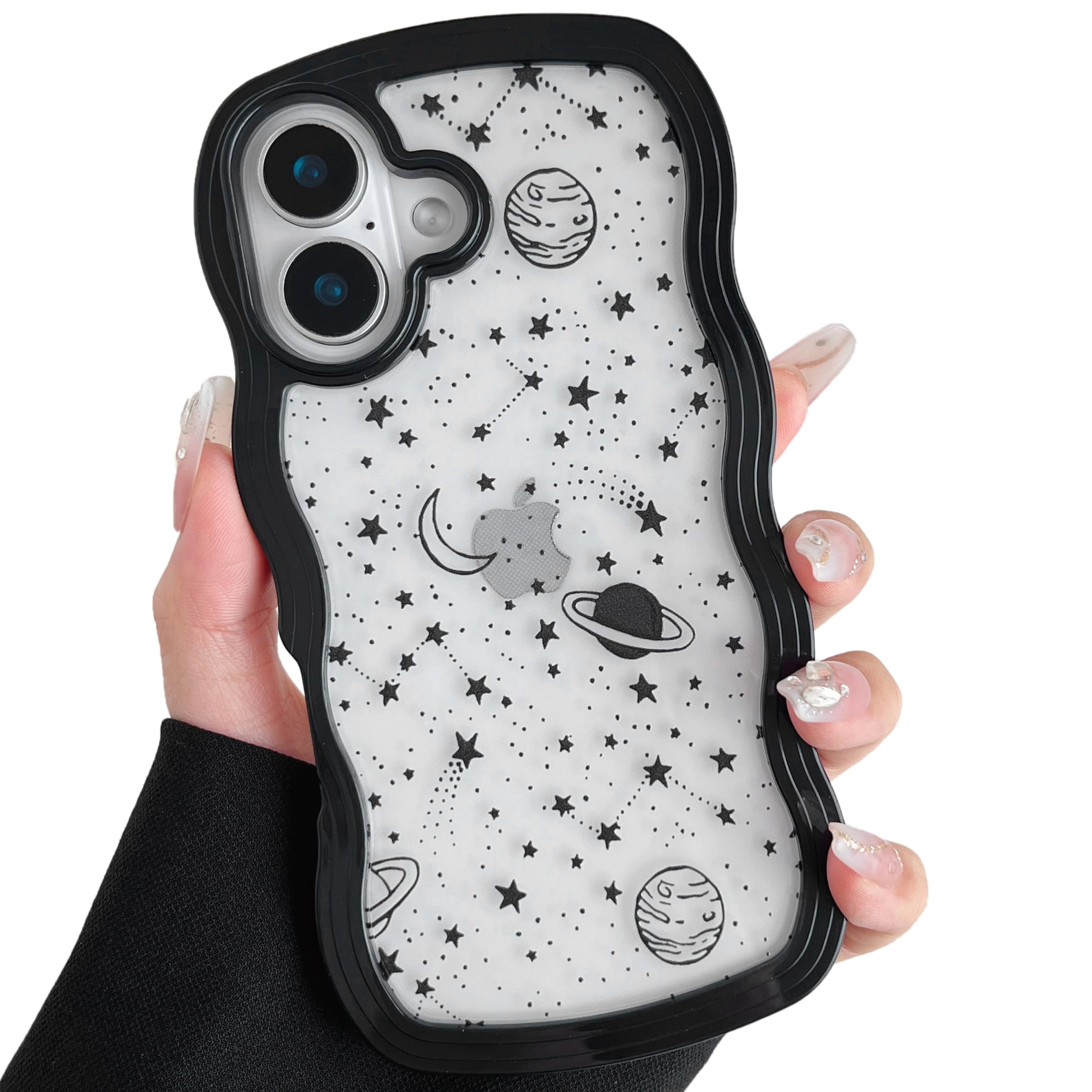 ZTOFERA Wavy Case for iPhone 16 (6.1"), Cute Clear Protective Case with Planet Star Moon Pattern, Hard PC Colored Wave Frame Soft Silicone Bumper Shockproof Cover for Girls Women, Black