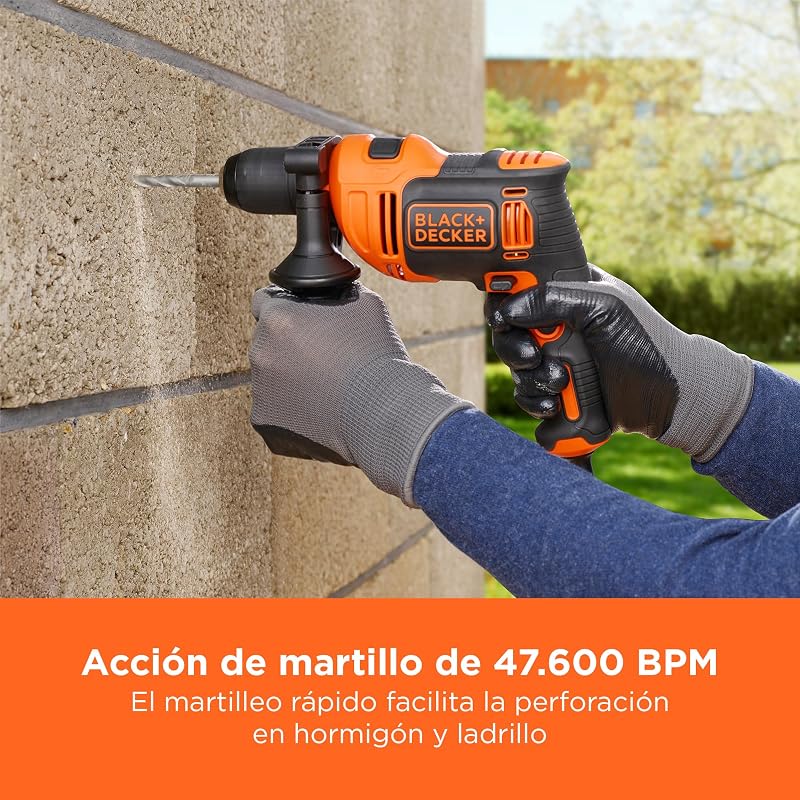 Broca de martelo com fio black + decker beh710k 710 w 13 mm mandril com alça lateral inclui 4 brocas e estojo laranja/preto
