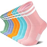Womens Crew Socks Athletic Running Casual Cushioned Striped Calf Sock for Women 5 Pairs