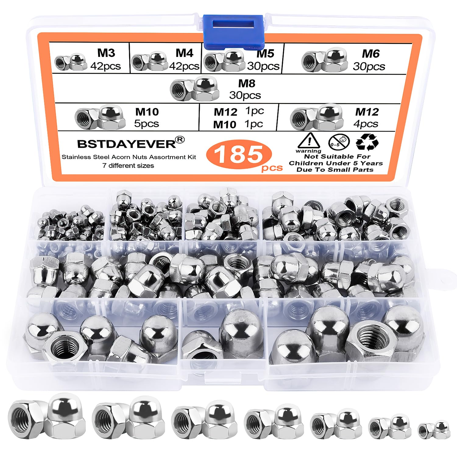 BSTDAYEVER Cap Nuts High Shape Set 185 Pieces M3/M4/M5/M6/M8/M10/M12 Hexagonal Cap Nuts Galvanised Cap Nuts Corrosion Resistance Dome Nuts Cap Nuts for Furniture Vehicle Fixings (Silver/Stainless Steel)