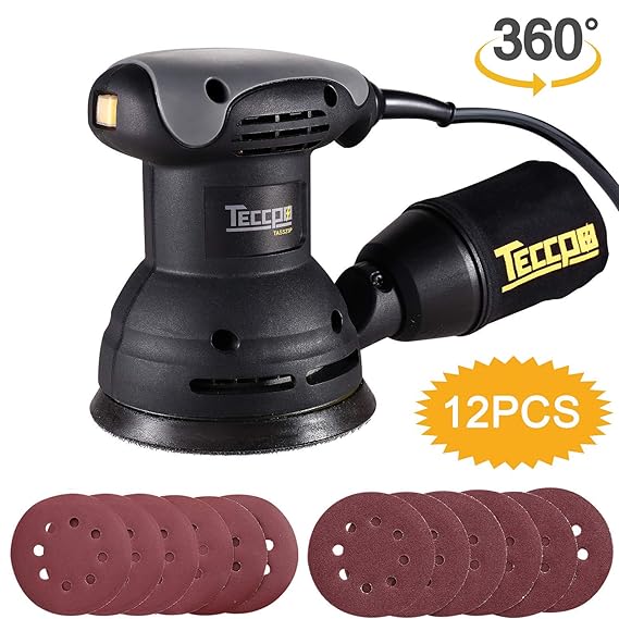 Exzenterschleifer, TECCPO 280W Professionelle Orbitalpolierer 125mm, 14000 OPM, Orbitdurchmesser 2.5mm, 12 Stück Schleifpapie
