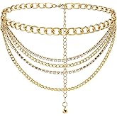 Suyi Multilayer Chain Belt Rhinestone Metal Chain Belts for Women Punk Gold Waist Chain