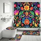 Mexico Folk Art Floral Boho Style 4 Piece Shower Curtain Set Non-Slip Bath Rug U-Shaped Mat Toilet Lid Cover 72x72Inches Shower Curtain with 12 Hooks (Colorful Vibrant Mexican Style Striped Flower)