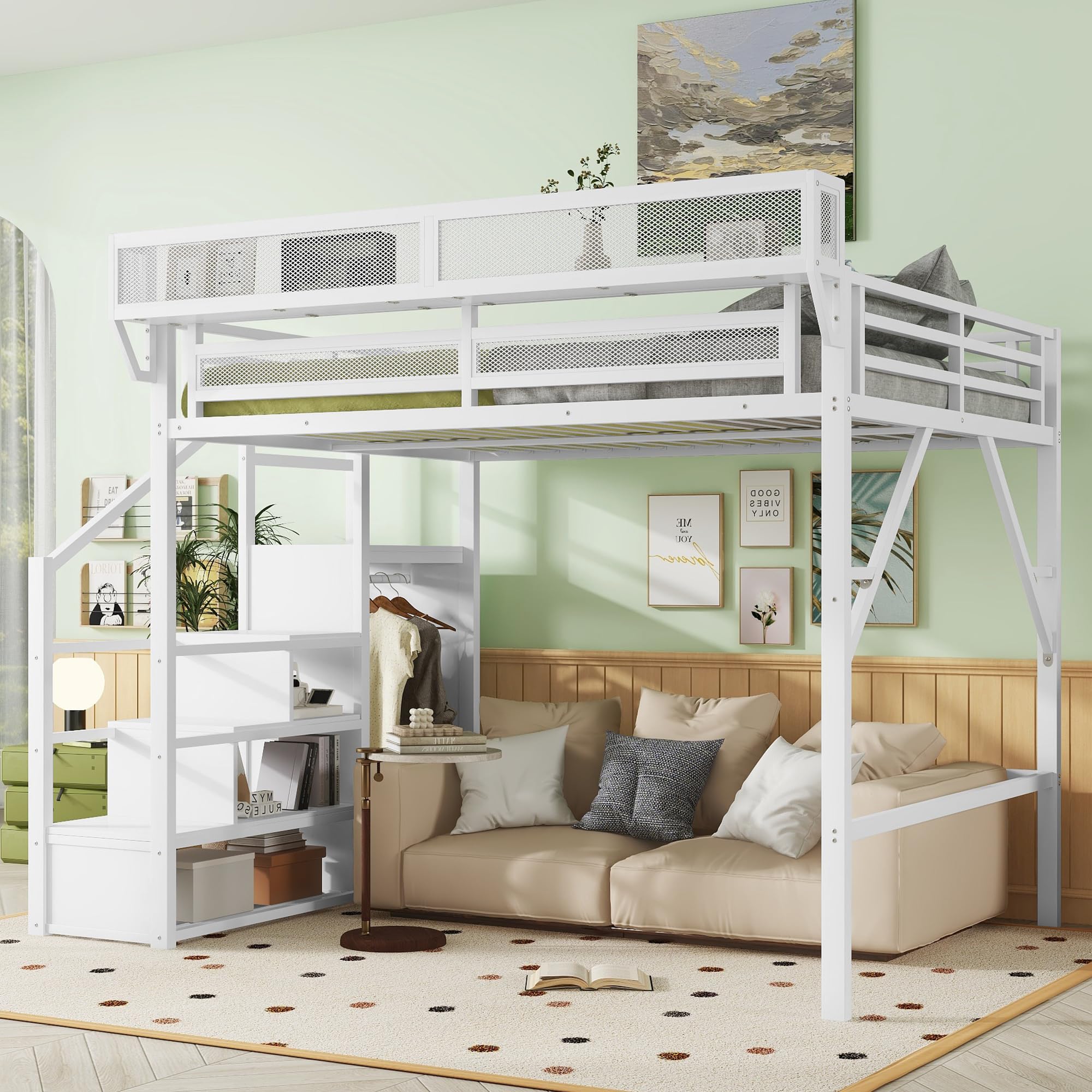 Photo 1 of KEIKI Queen Size Metal Loft Bed Frame with Convertible Staircase, Built-in Storage Shelves & Wardrobe, Loft Bed with Solid Slats & Guardrail, No Box Spring Required, Easy Assembly, for Bedroom, White