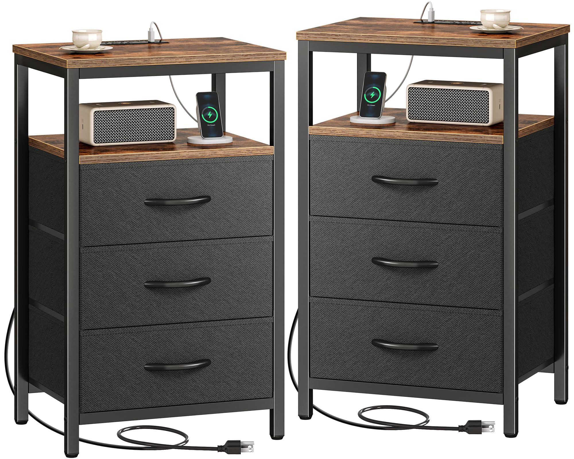 Huuger Nightstands Set of 2, 27.6 Inch End Tables with Charging Station, Fabric Drawers, Bedside Tables with USB-C Port and Outlet, Night Stands for Bedroom, Rustic Brown and Black Image