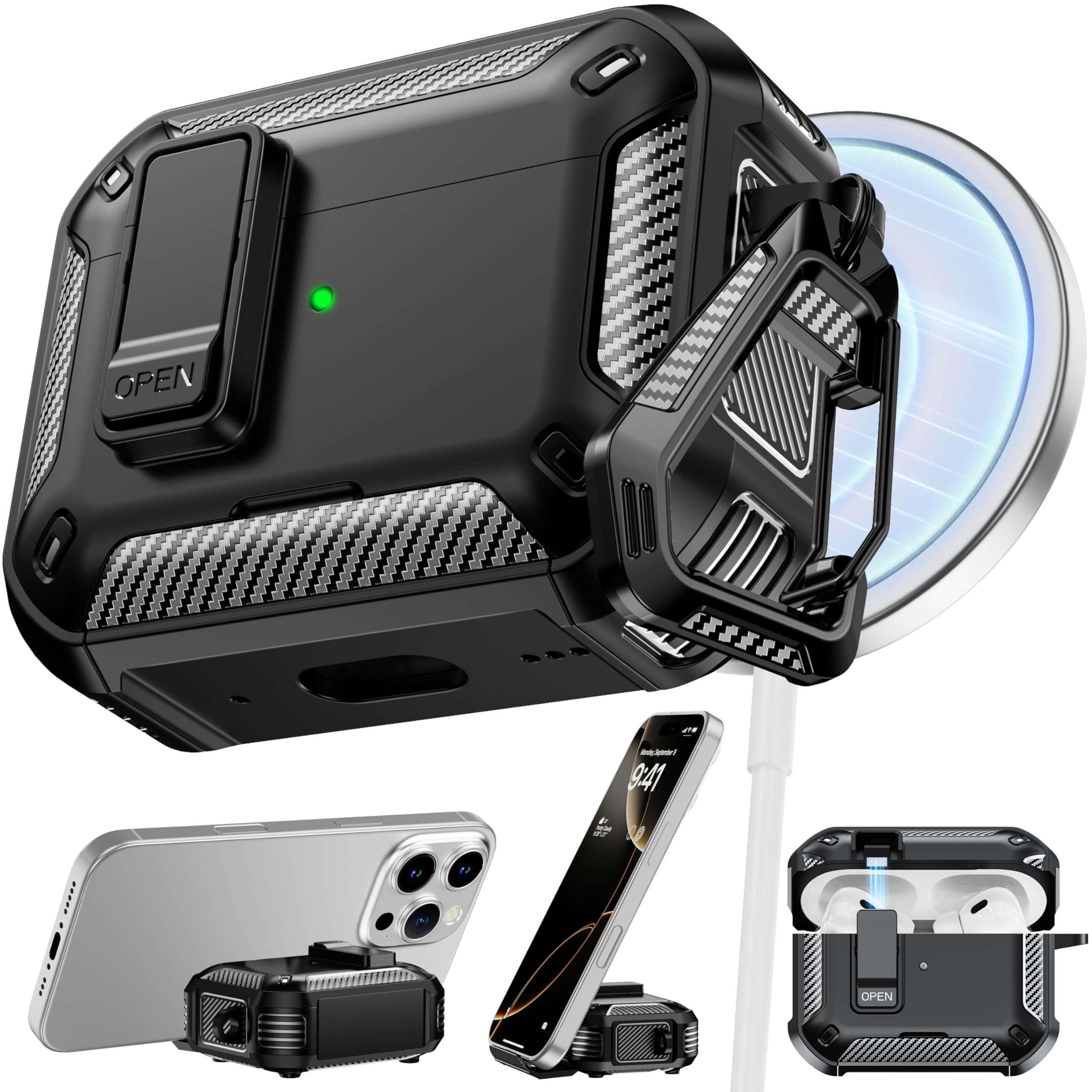 Photo 1 of RFUNGUANGO AirPods Pro 2 Case: Magnetic Auto-Open Lid Lock, One-Hand Operation, Built-in Phone Stand (Landscape/Portrait Modes), 4 N52 Back Magnets, MagSafe Compatible - Black