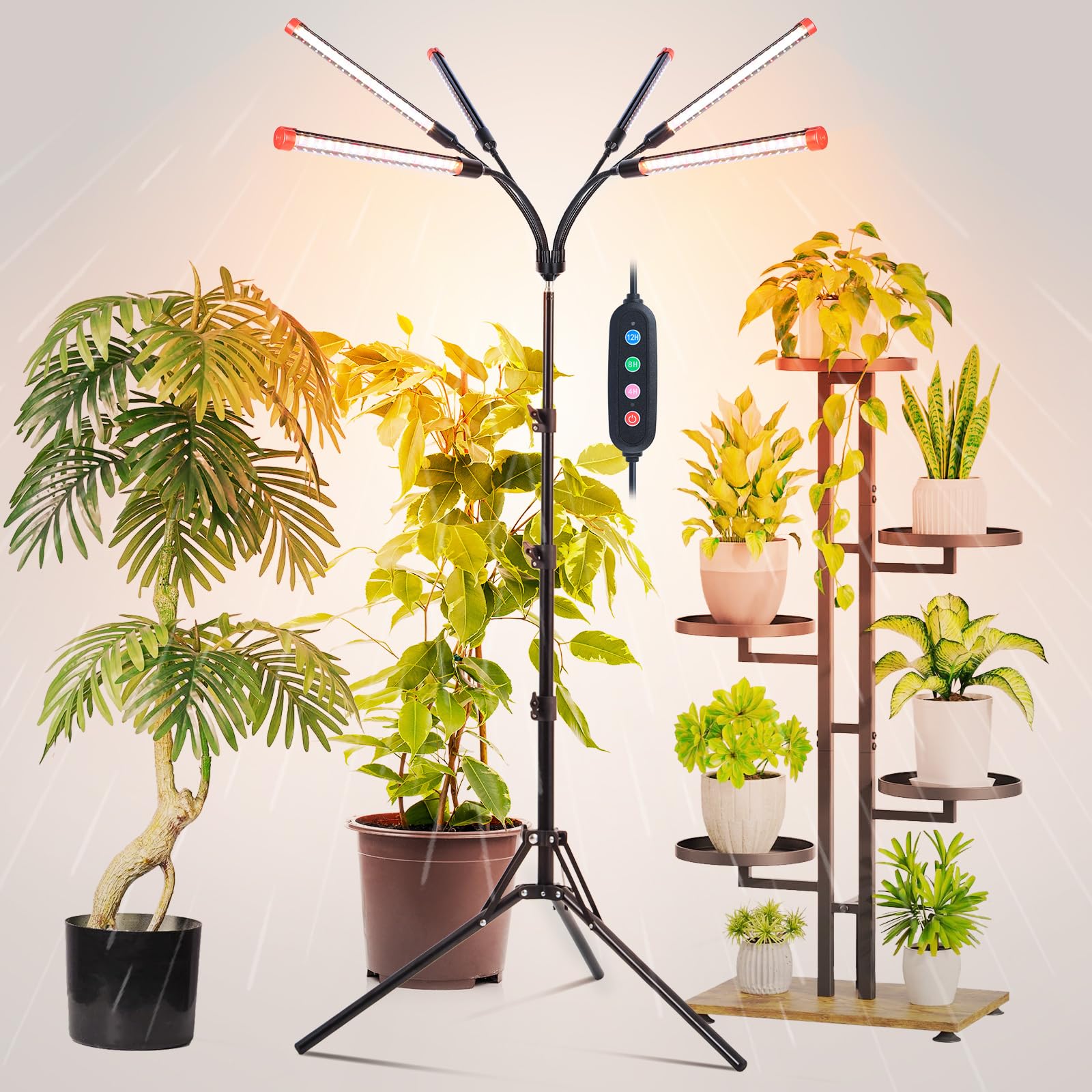 FRGROW 6Head Grow Light with Stand for Tall and Large Indoor Plants, Bonsai Tree, Big Coverage and Bright Plant Growing Lamps, 4/8/12/16/20H Timer, 54 Watt Power Draw, NO Need Adapter, 360° Gooseneck Image