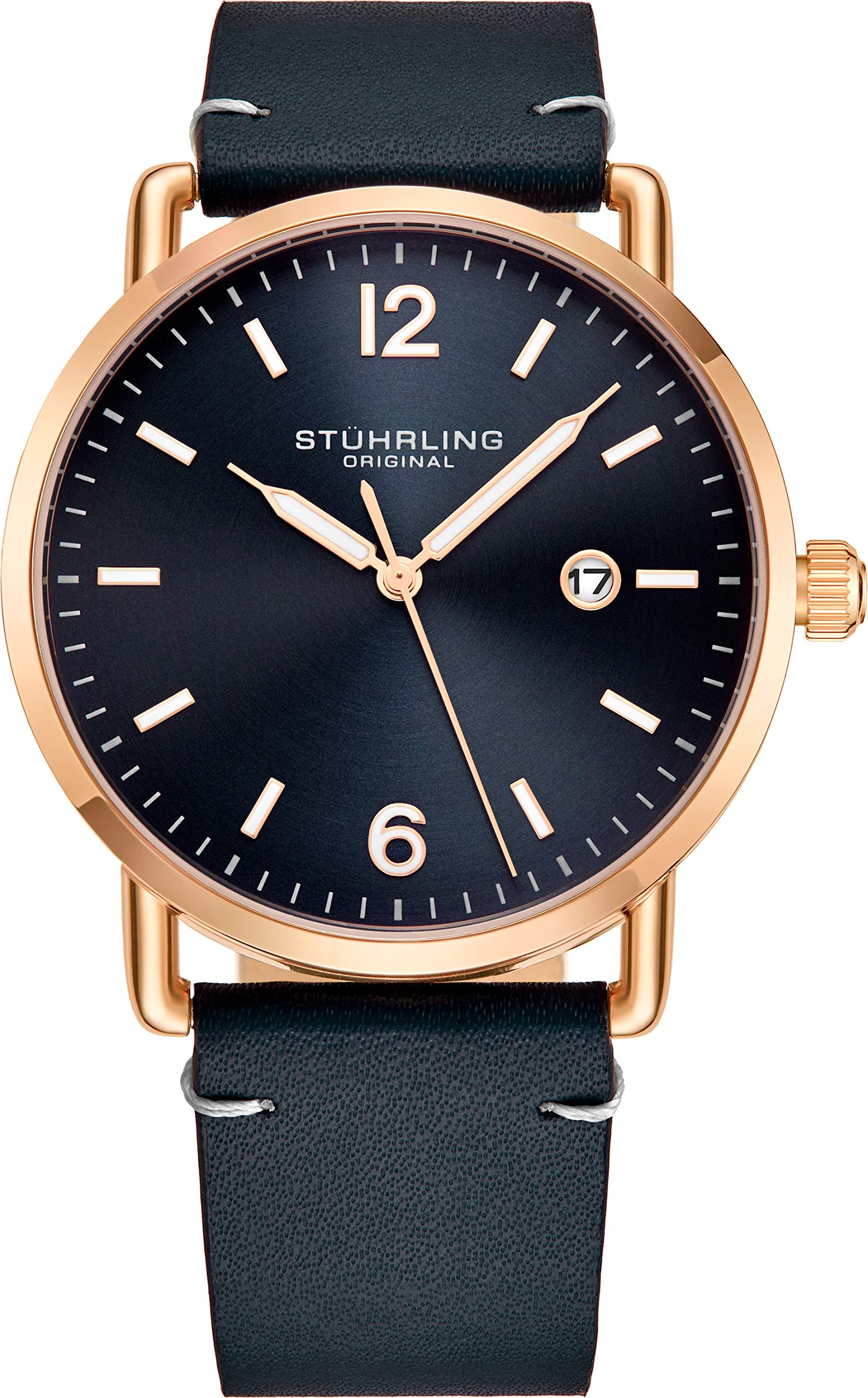 Stuhrling Original Blue Leather Watch Rose Gold Plated Case with Blue Dial - Vintage Style 38mm Case with Date - 3901 Mens Watches Collection