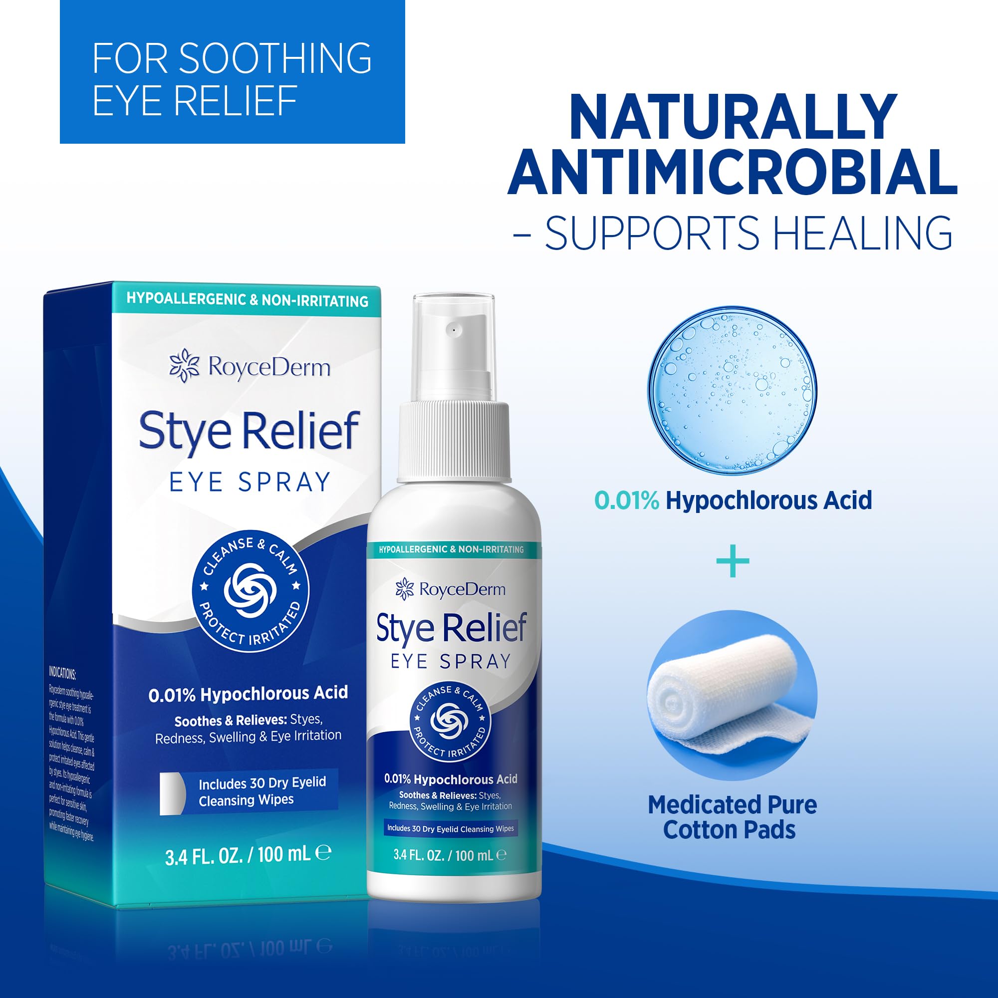 Stye Eye Treatment Relief Spray - Hypochlorous Acid Mist for Itchy, Dryness Eyelids & Makeup Removal - Eyelash, Eyelid Cleanser & Around Eye Wash Care with Natural Ingredients, Cotton Pads, Kids Safe