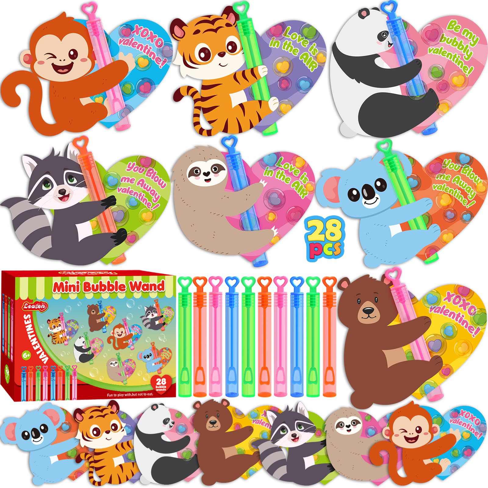 Photo 1 of **FACTORY SEALED** LEASEN Valentines Day Gifts for Kids, 28 Pack Mini Bubble Wands with Greeting Cards Valentines Animal Themes for Kids, Valentine's Day Classroom Exchange Gifts School Prizes Party Favor
