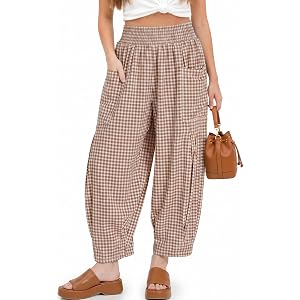 BOTHMIU Girls Linen Harem Pants Kids Palazzo Gingham Trousers Elastic High Waist Plaid Wide Leg Bottoms with Pockets