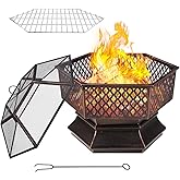 Arlopu 28'' Outdoor Fire Pit, Wood Burning Portable Firepit, Patio Grilled Pit, Hex Outside Camp Fireplace, W/ 20in Fire Poke