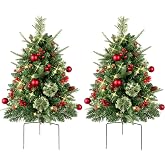 2 Set 30 Inch Pre-Lit Outdoor Christmas Tree, Lighted Artificial Urn Filler | &amp; Planter Pot Filler with Lights, Pine Cones, Red Berries &amp; Balls, LED Waterproof Decor for Front Porch Garden Pathway