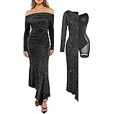 Popilush Shapewear Maxi Dress Women's Sparkly Off Shoulder Long Sleeve Formal Cocktail Dresses Bodycon Mermaid Dress