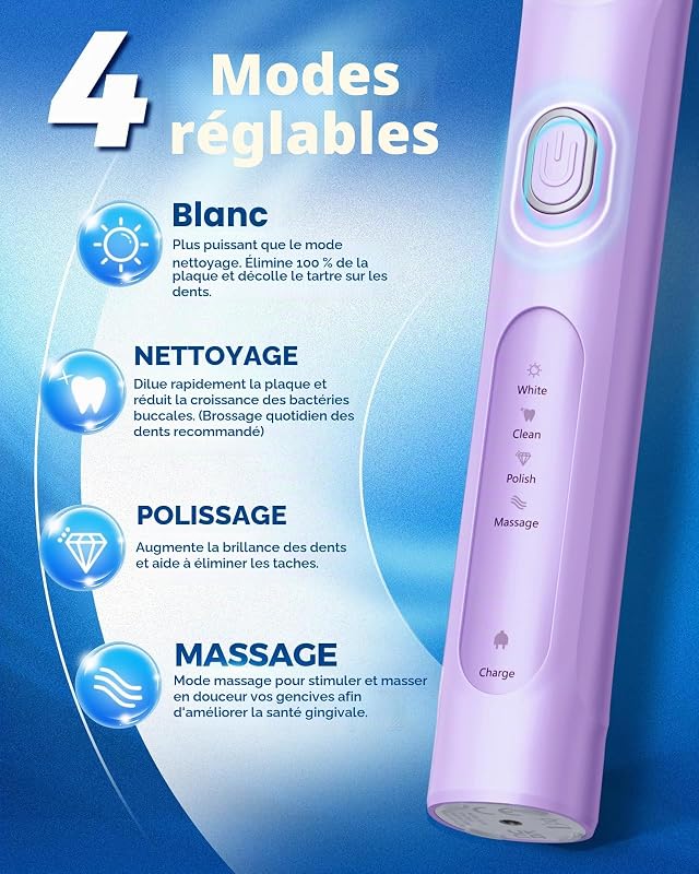 Brosse à Dents Électrique Rotative, 8 Têtes 4 Modes violet