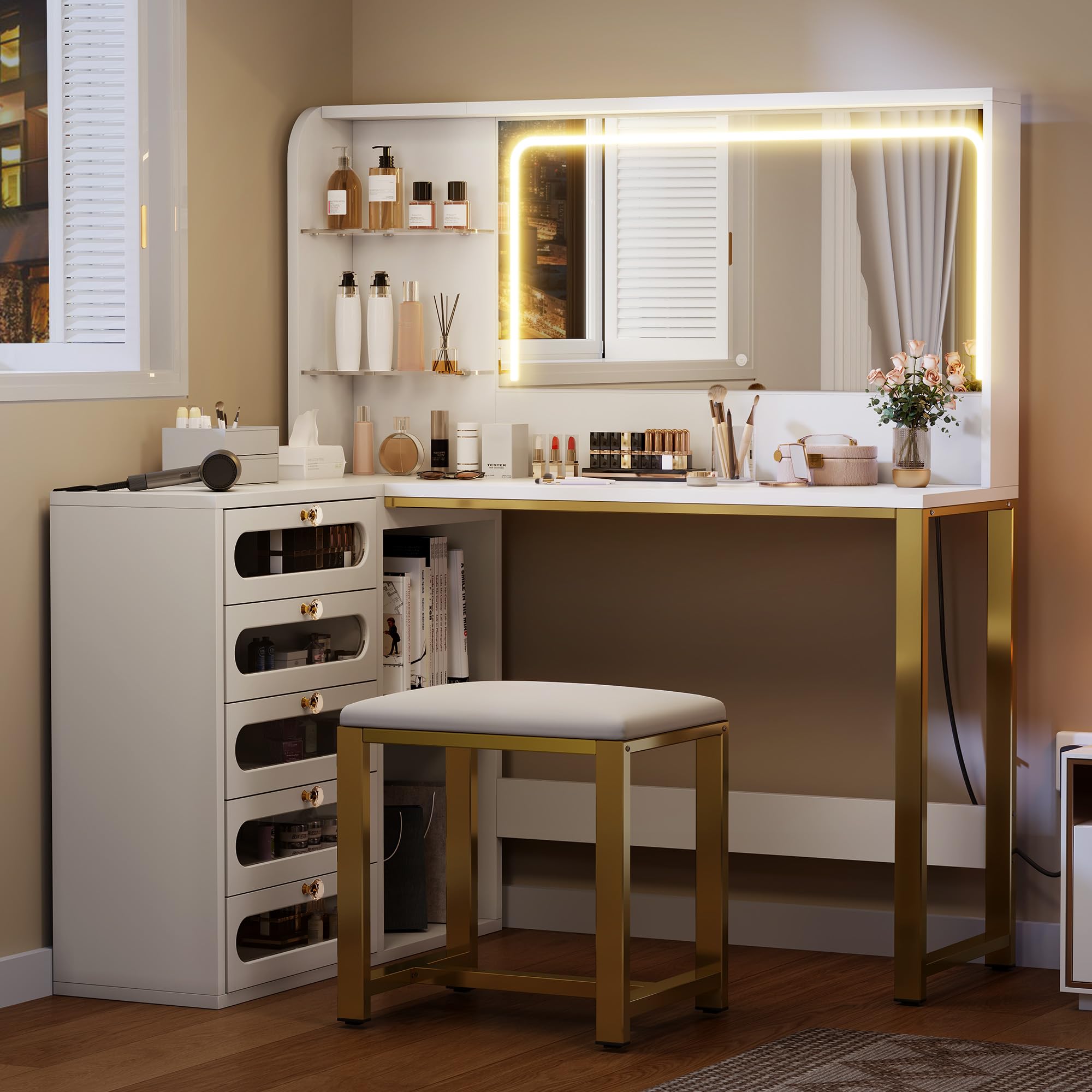 Photo 1 of **Mirror is broken, Parts Only** 
YITAHOME Vanity Desk Set- L Makeup Vanity with Mirror and Lights 3 Lighting Modes, 48" Large Makeup Table with 5 Tempered Glass Drawers with Open Storage Shelves Vanity Table, White