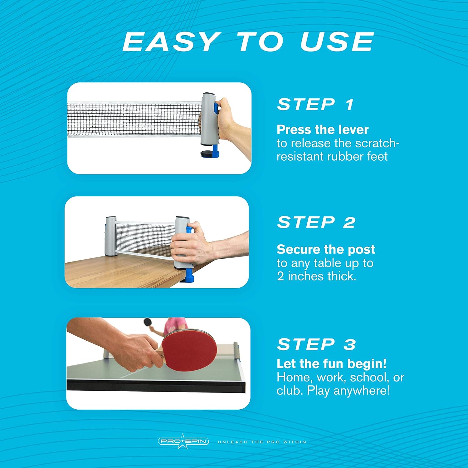 PRO SPIN Play Anywhere Portable Ping Pong Net – Retractable Table Tennis Net for Any Table Includes Convenient Storage Bag : Sports & Outdoors