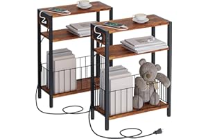 TRIFEBLE Narrow Side Table with Charging Station Set of 2, Small End Table for Small Spaces, Slim Nightstand with Storage Basket, 3 Tier Skinny Bedside Table for Living Room, Bedroom, Rustic Brown