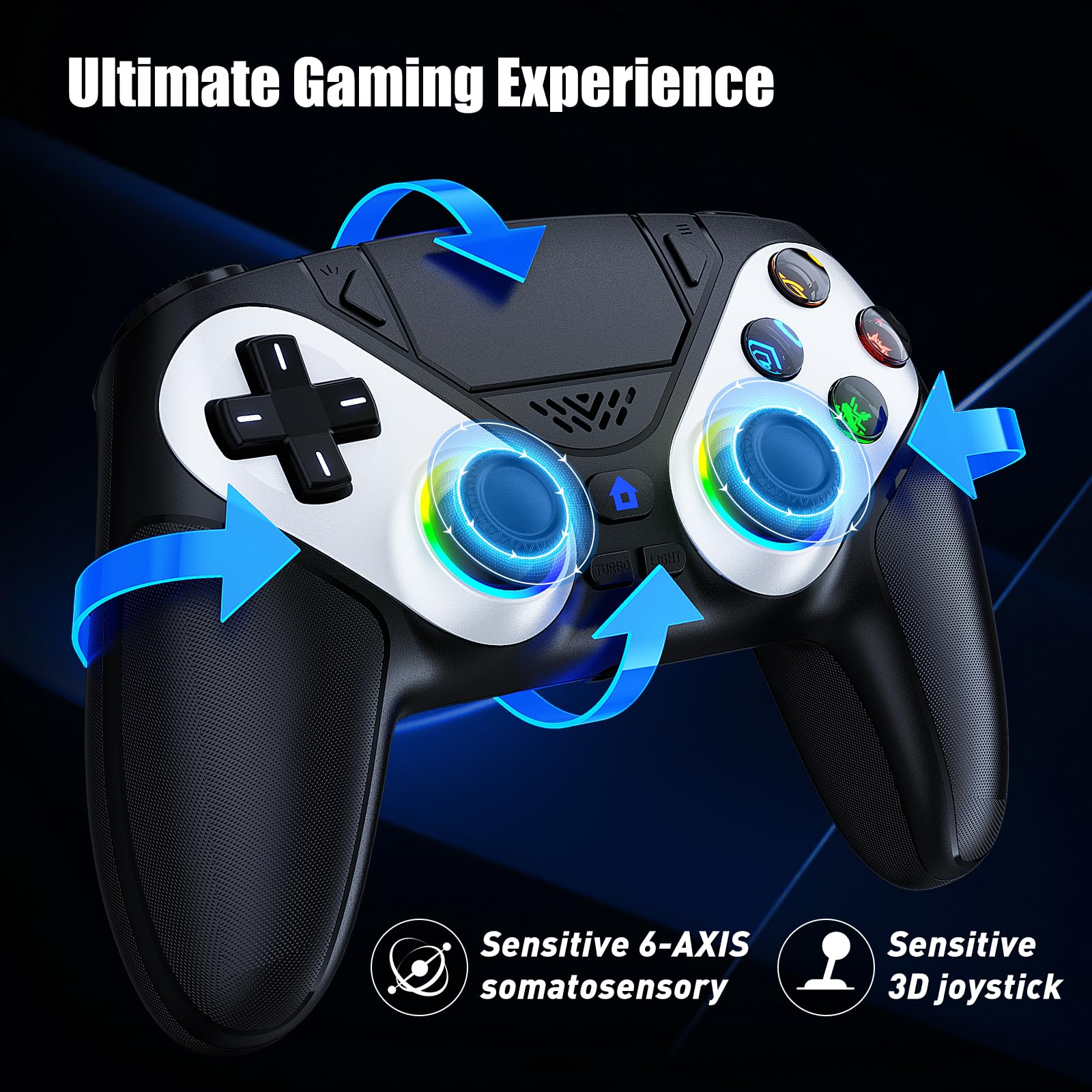 Bonacell RGB Wireless Controller für PS5 Pro/Slim/PC, Back Paddles 6-Achsen-Bewegungs/Dual Vibration/Turbo/Marco Touch Pad 3.5mm Audio Jack 6