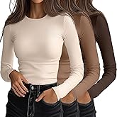 Ficerd 3 Pack Women's Ribbed Long Sleeve Tops, Crew Neck Slim Fit Undershirts Knit Basic Casual Stretch Layering Tee Shirts