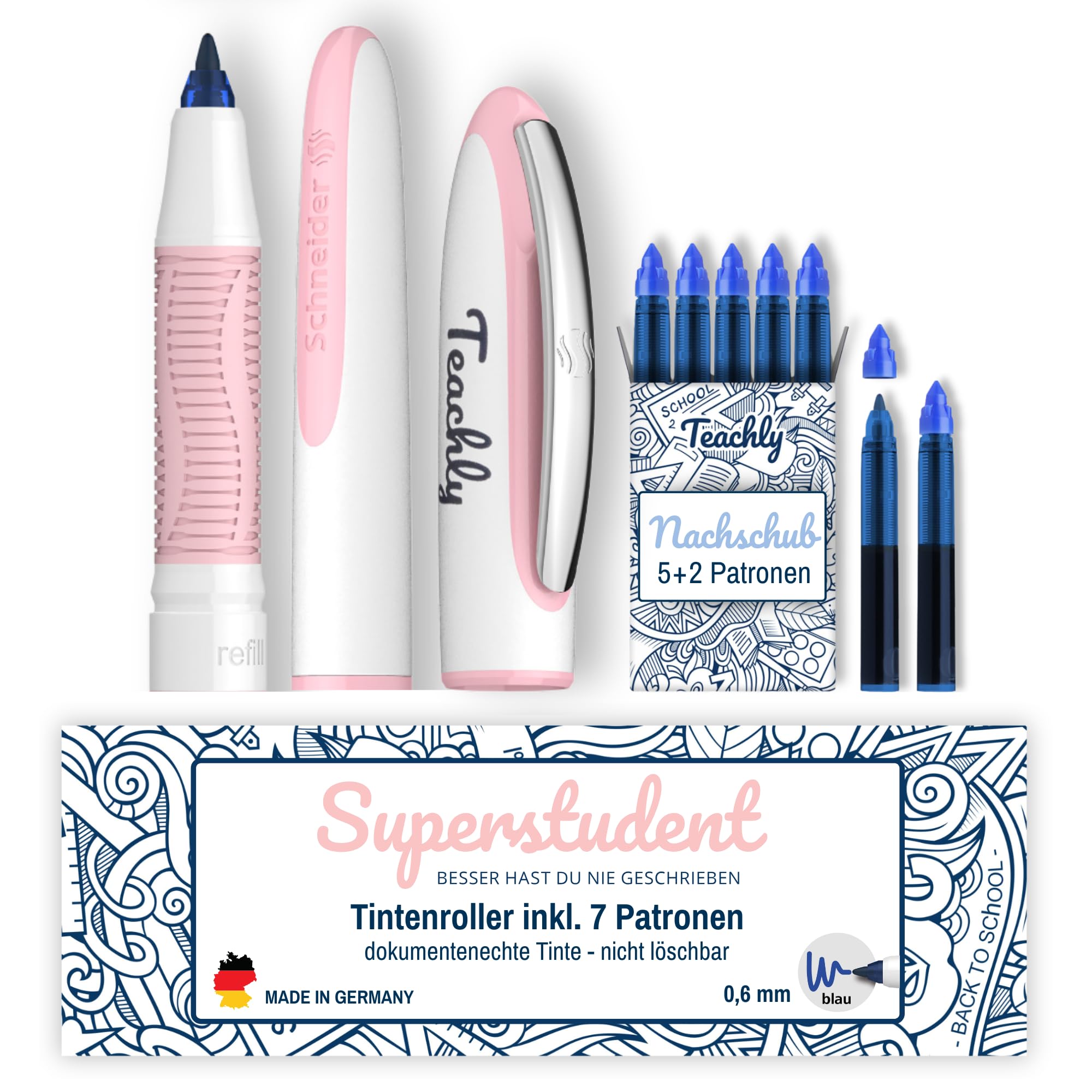 Teachly Superstudent Rollerball Pen - Refillable Pen for University, School & Office (Rose) - Includes 7 Ink Cartridges (Blue)