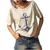 Verdusa Women's Vintage Graphic T Shirts Asymmetrical Neck Short Sleeve Drop Shoulder Tee Tops