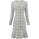 Hobemty Women's Tweed Dress 2025 Long Sleeve Wedding Cocktail Bodycon Fishtail Dresses