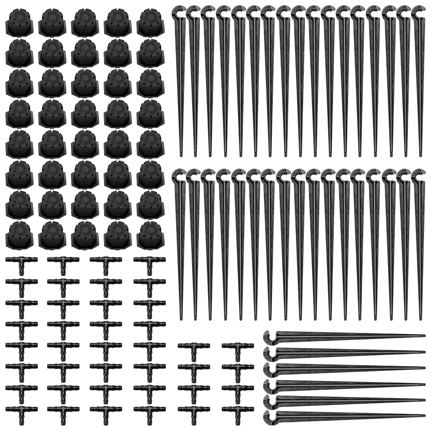 VooGenzek 120 PCS 1/4 Inch Automatic Drip Irrigation Kit, 40 Adjustable Micro Dripper + 40 Tee-Connector + 40 Drip Support Stake for 4/7mm Hose Watering System, for Garden, Lawn, Greenhouse, Black